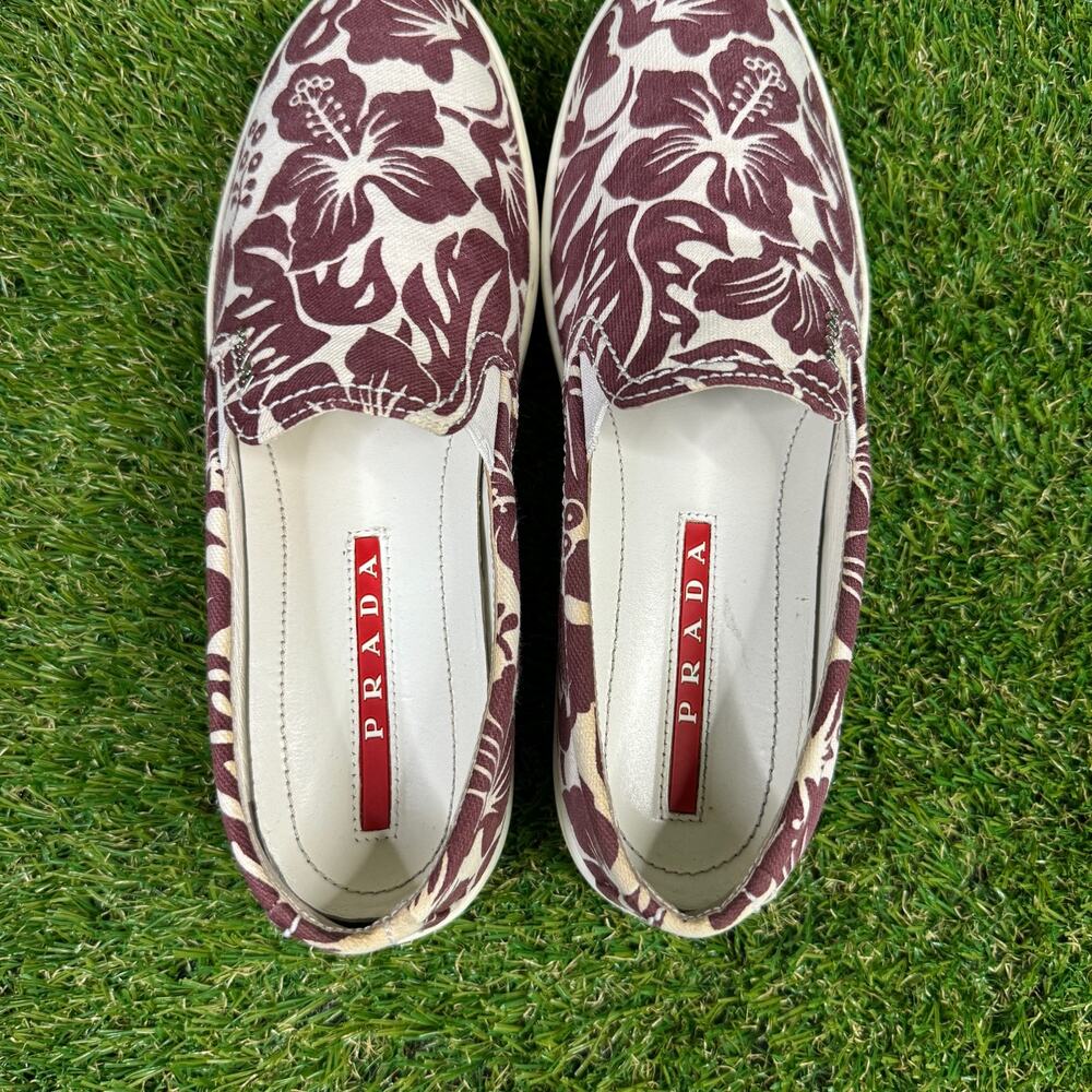Prada Floral Slip-On Sneakers in White and Burgundy - Picture 4 of 9